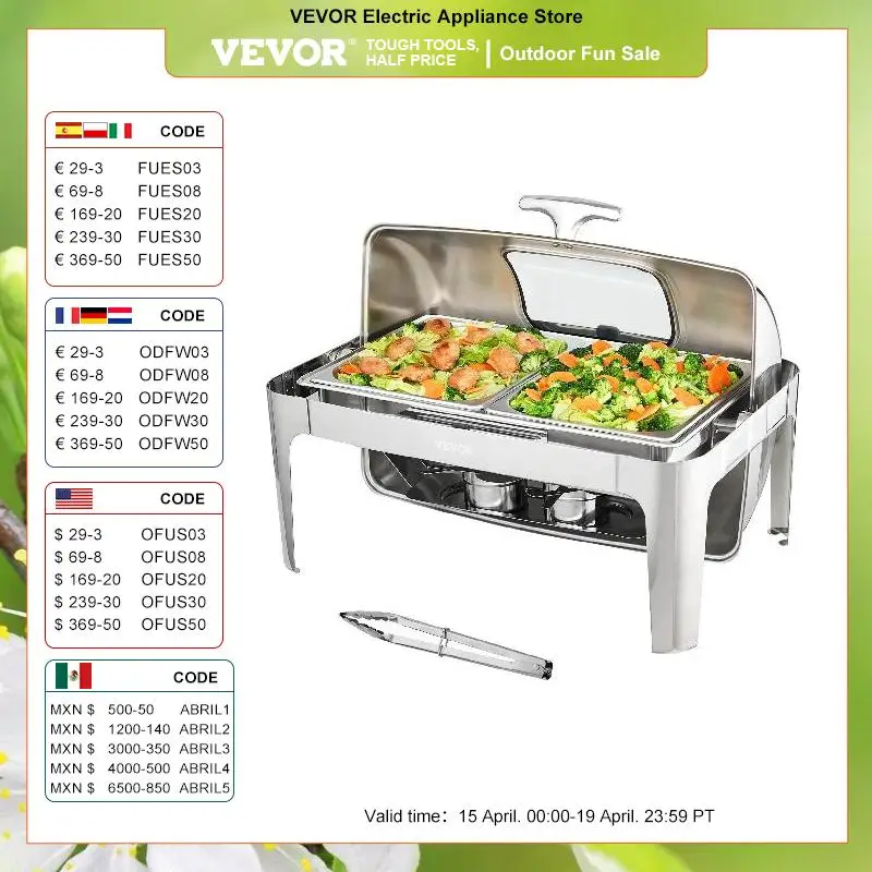 

VEVOR 9QT Roll-top Chafing Dish Buffet Set Stainless Steel Chafer w/2 Half Pans Rectangle Catering Warmer w/Lid Fuel Holder