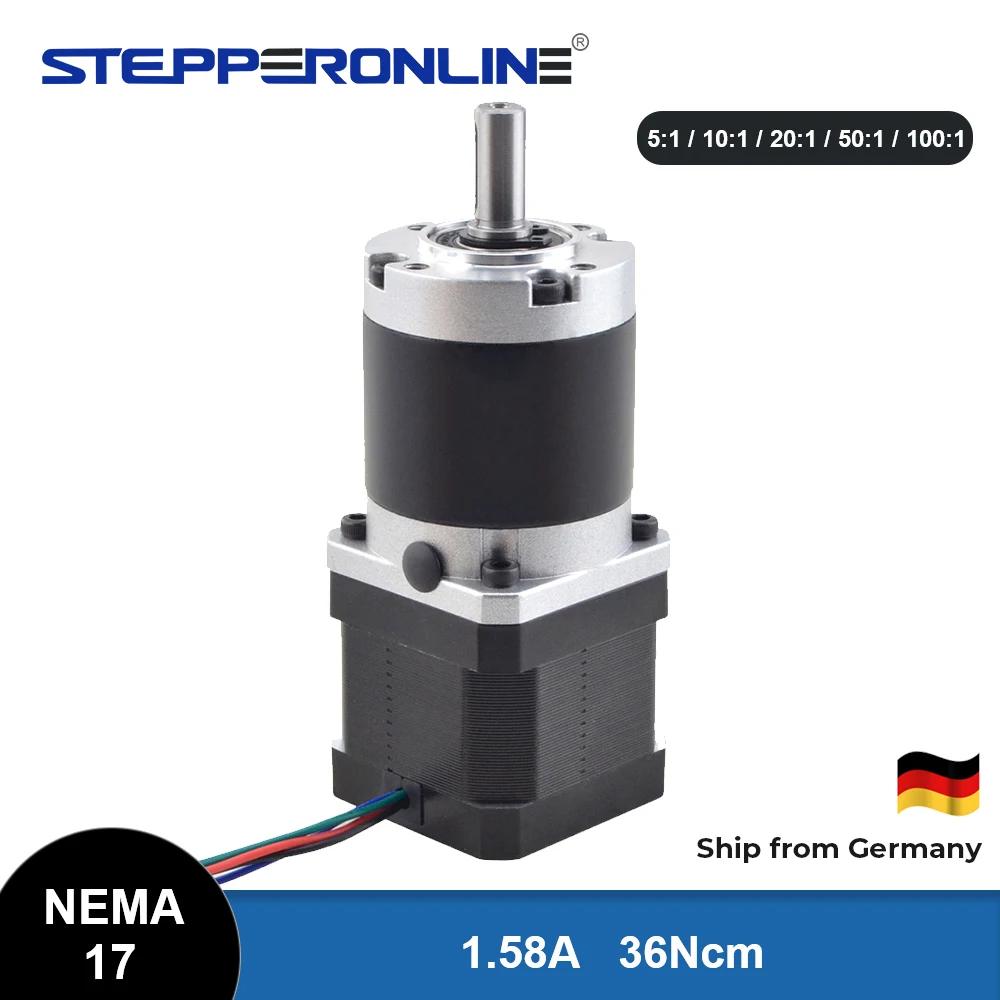 STEPPERONLINE Nema 17 Schrittmotor Mit Planetengetriebe 5:1 – 40 Mm, 30 Bogenminuten, Leise & Langlebig