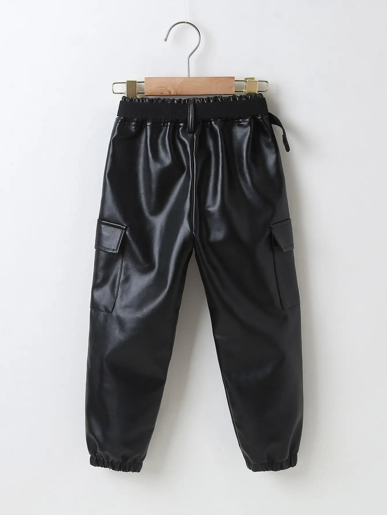 PU Leather Pants Clothing Elastic Waistband Solid Color Big Pockets For Children