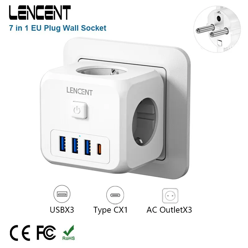 LENCENT Wall Socket Extender with 3 AC Outlets 3 USB Ports And1 Type C  7-in-1 EU Plug Charger On/Off Switch for Home - AliExpress