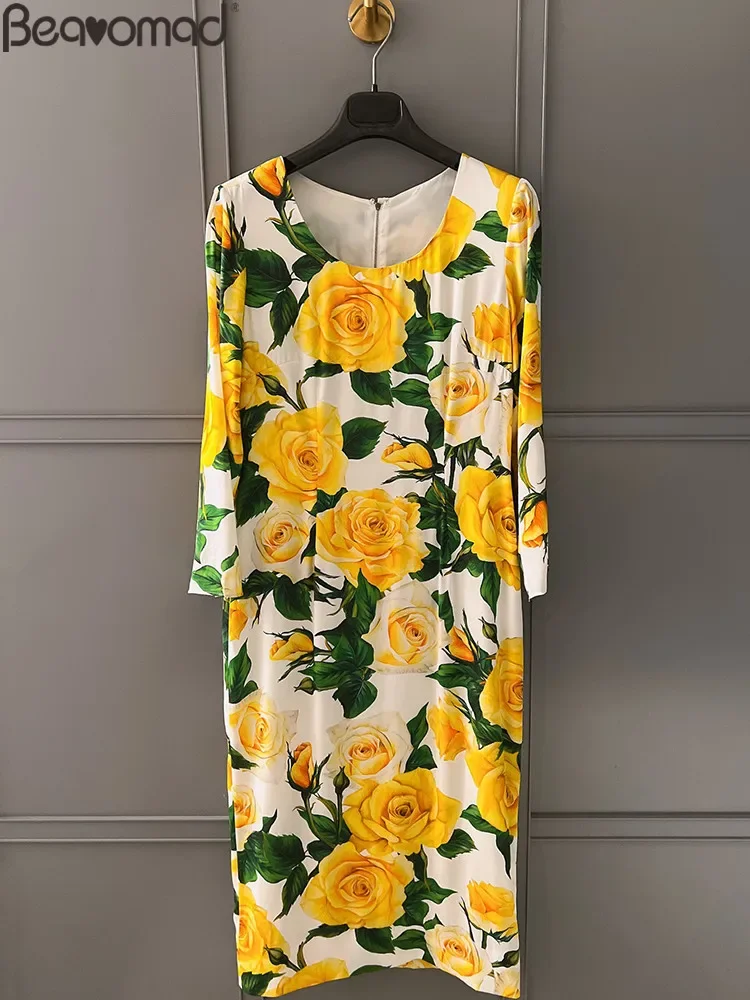 

Fashion Runway Autumn Party Yellow Rose Print Midi Pencil Dress Women's O-Neck Loose Long Sleeve Long Dress