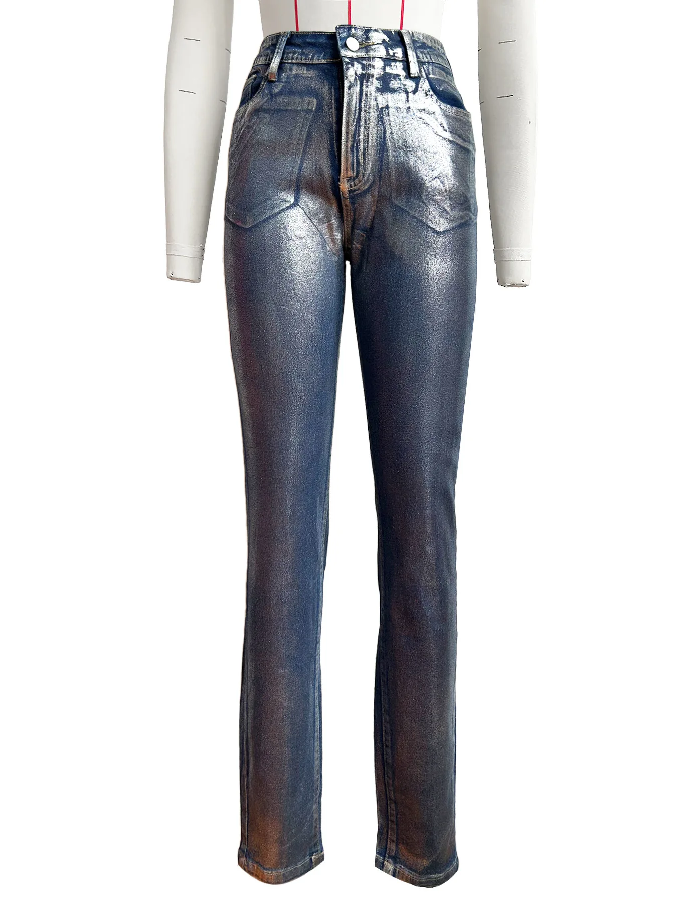 Women'S Jeans Spring Summer Trendy Streetwear Washed Silver Print High Waist Skinny Stretch Denim Pants Casual Jeans Trousers