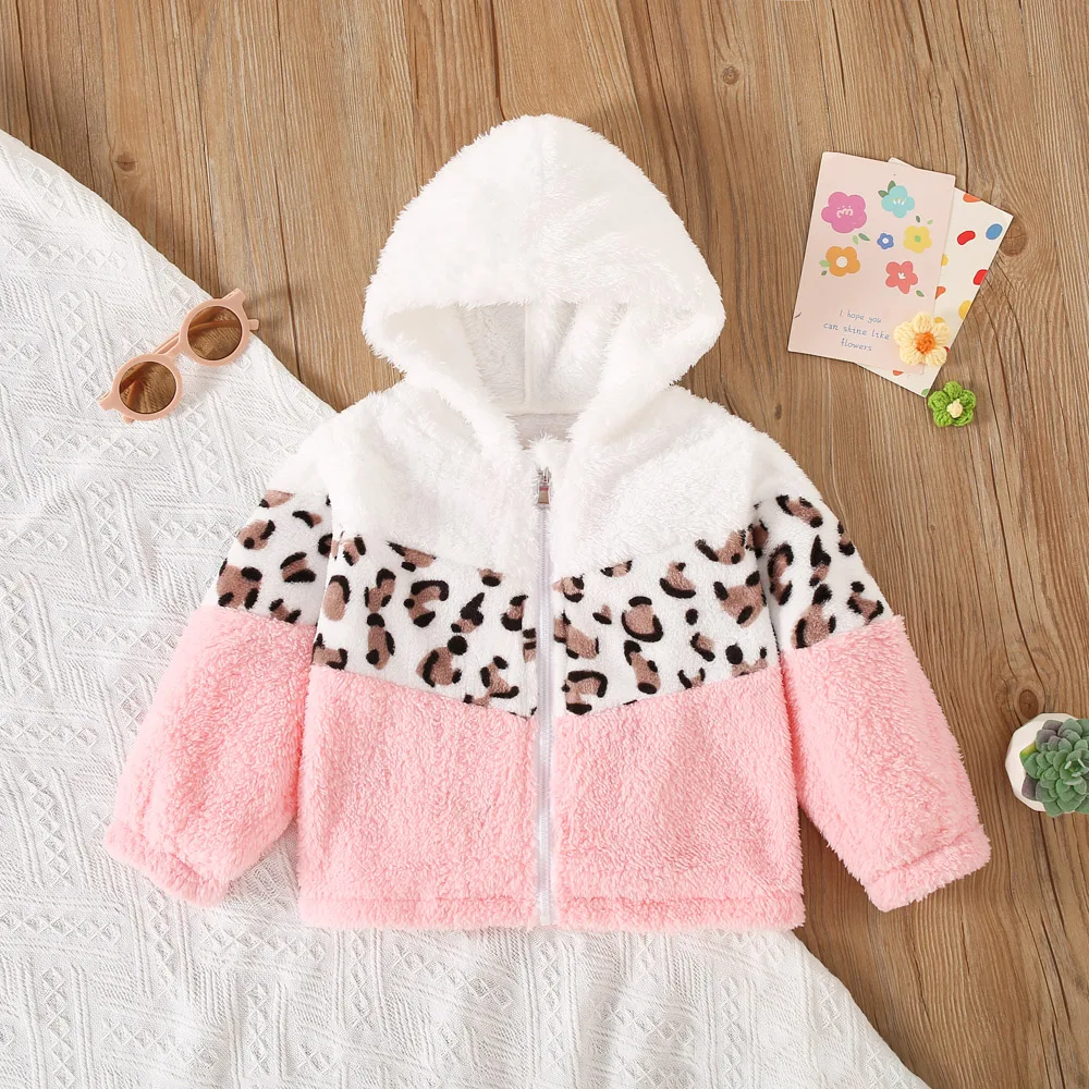Baby Girl Coat Winter Color Blocking Leopard Print Design Zipper Hooded Baby Tops Plush Warm Baby Girl Jacket Baby Clothing