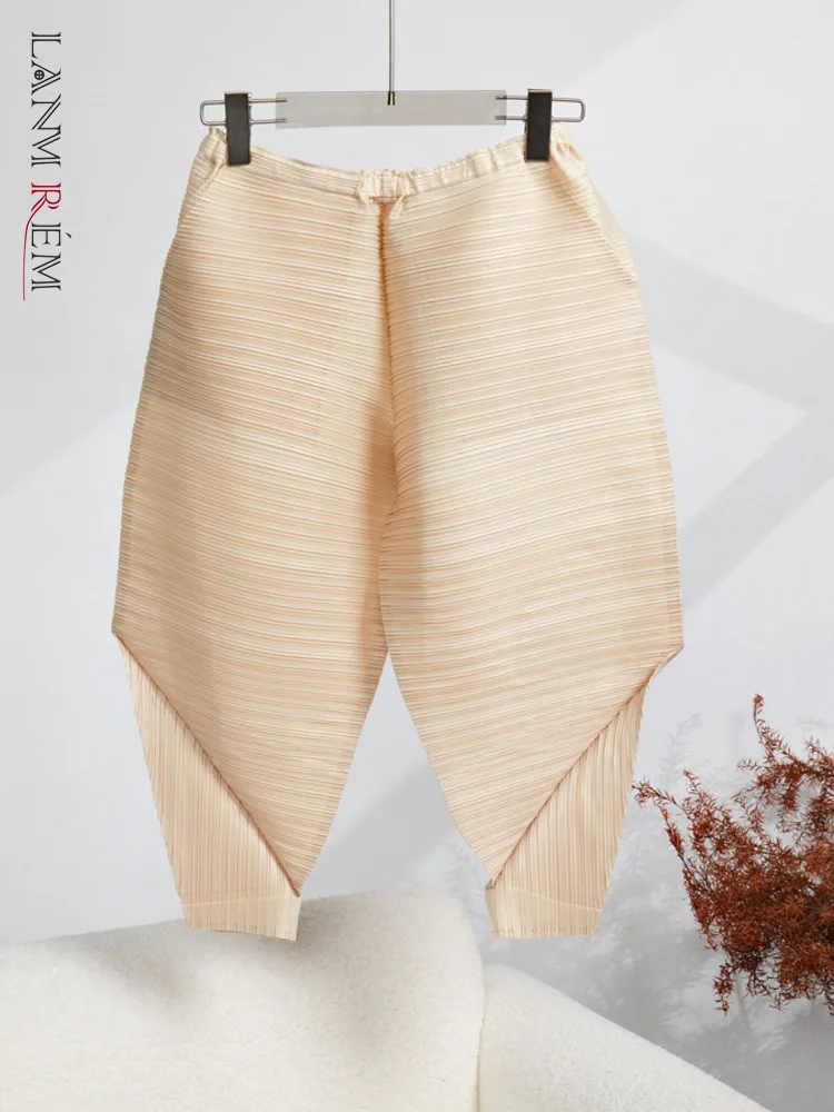 

LANMREM Fashion Spliced Pleated Pants For Women High Elastic Waist Wide Leg Trousers Solid Female Clothing 2023 New 2YA3853