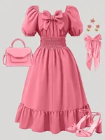 Robe bouffante grande taille pour femmes, décontractée, mignonne, élégante, épaules dénudées, manches lanternes, nœud, couleur unie, printemps et été 2
