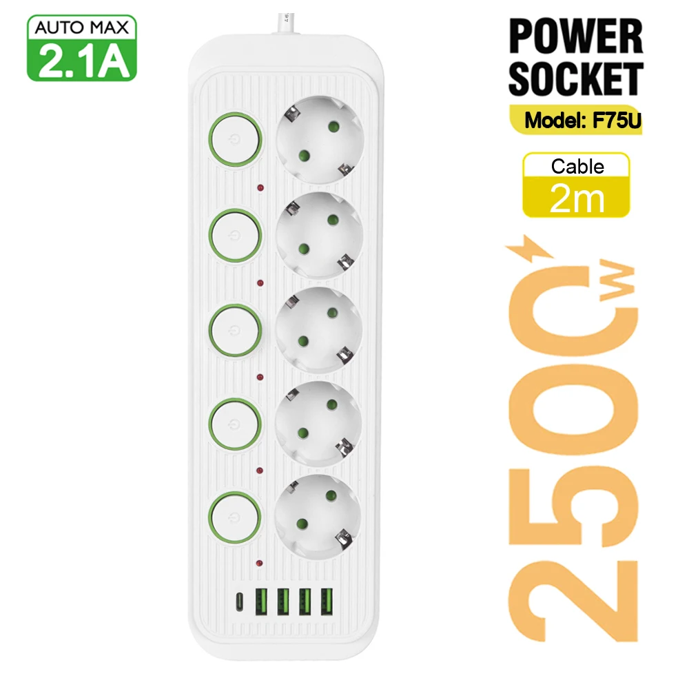 European Standard Power Strip with USB Ports and Network Filter, Individual Switch, EU Plug