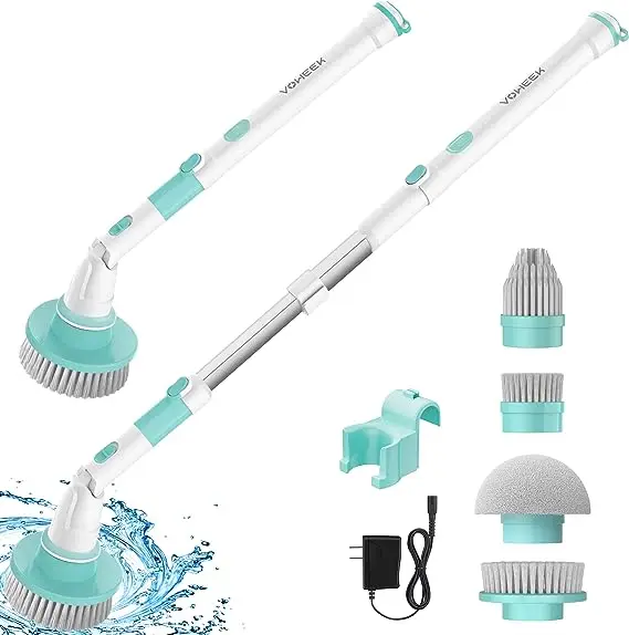 Electric Spin Scrubber, Voweek Cordless Cleaning Brush with Adjustable Extension Arm 4 Replaceable Cleaning Heads