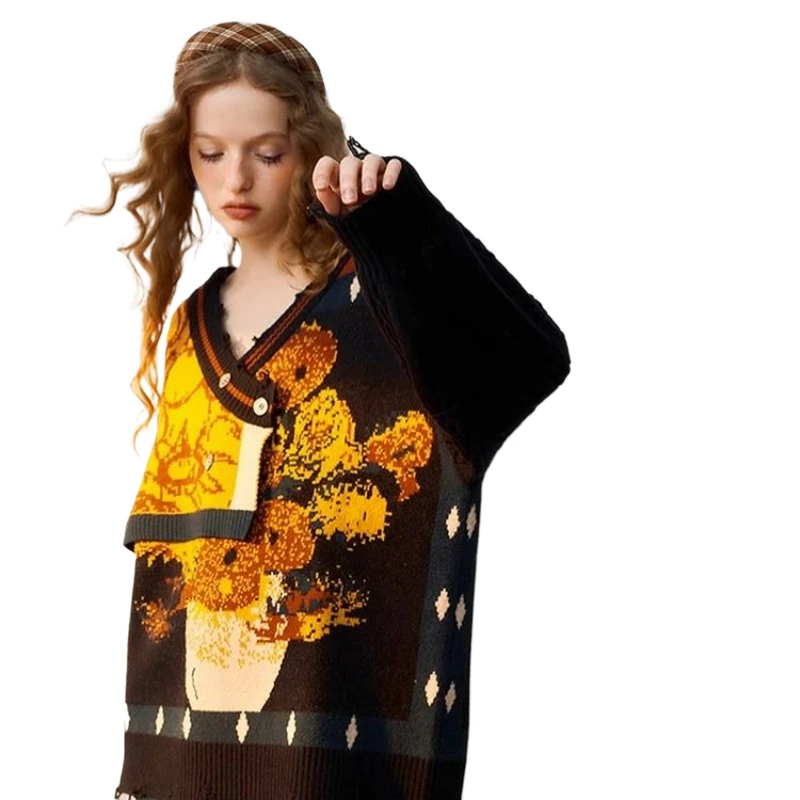 

Vintage Van Gogh Artistic Eclipse 2024 Winter New Arrival Asymmetrical Sweater For Women Loose Fit With Sunflower Pattern