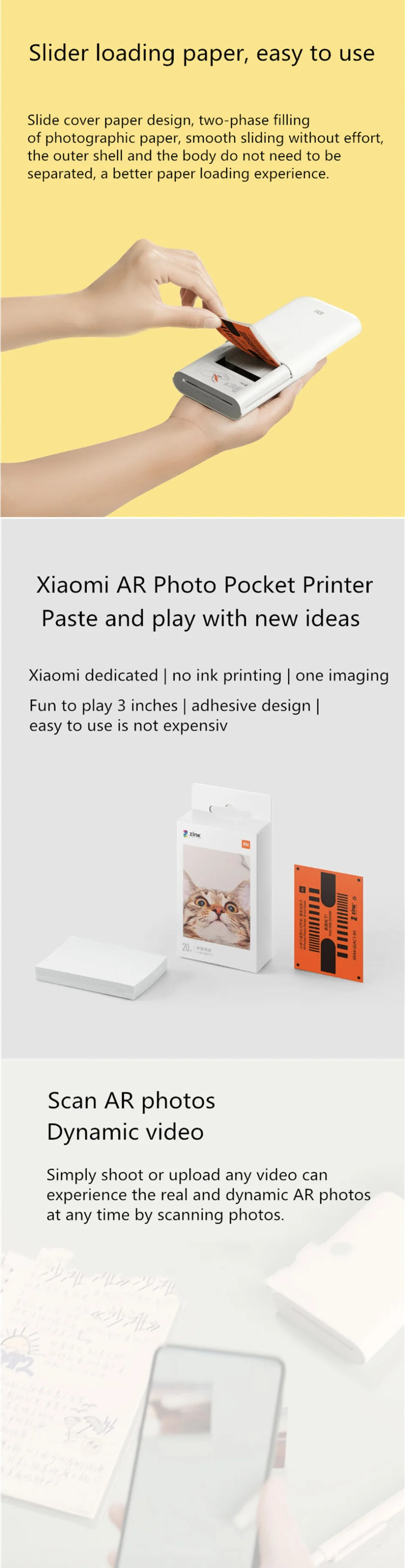 Xiaomi-Miniポータブルポケットフォトプリンター,300 dpi,紙