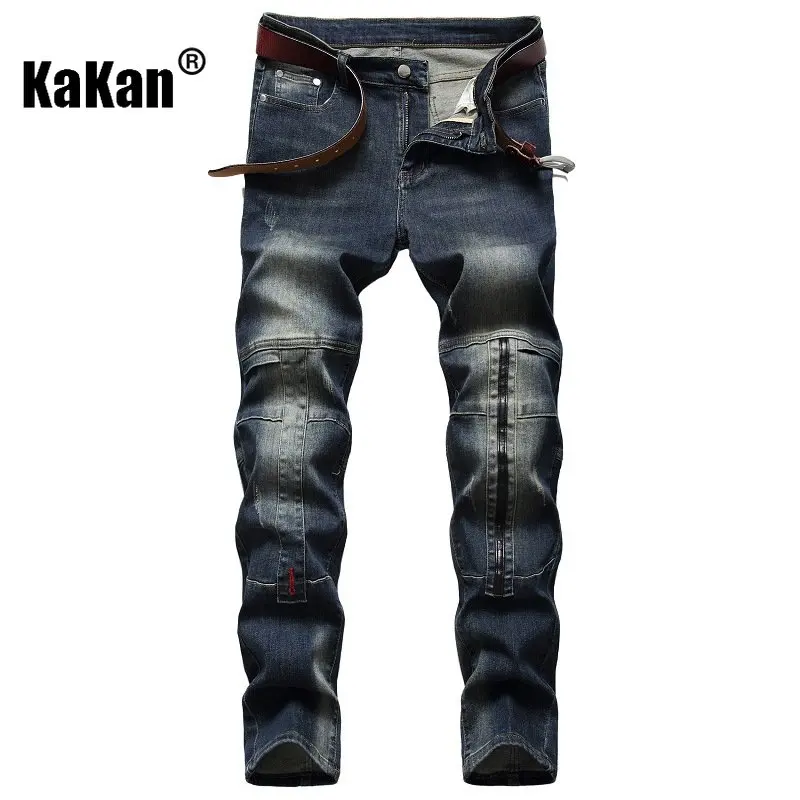 Kakan - Nostalgic Personalized Patchwork Stretch Men's Jeans, New Street Trend Straight Length Jeans Men K02-936