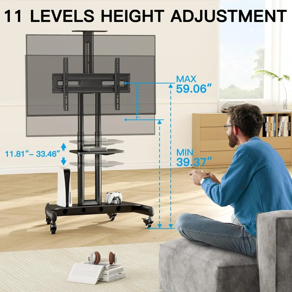 Perlesmith Adjustable TV Stand on Wheels for 32 to 82 Inch LCD LED 4K TVs, Tilt and Mobile Cart with Storage Shelf