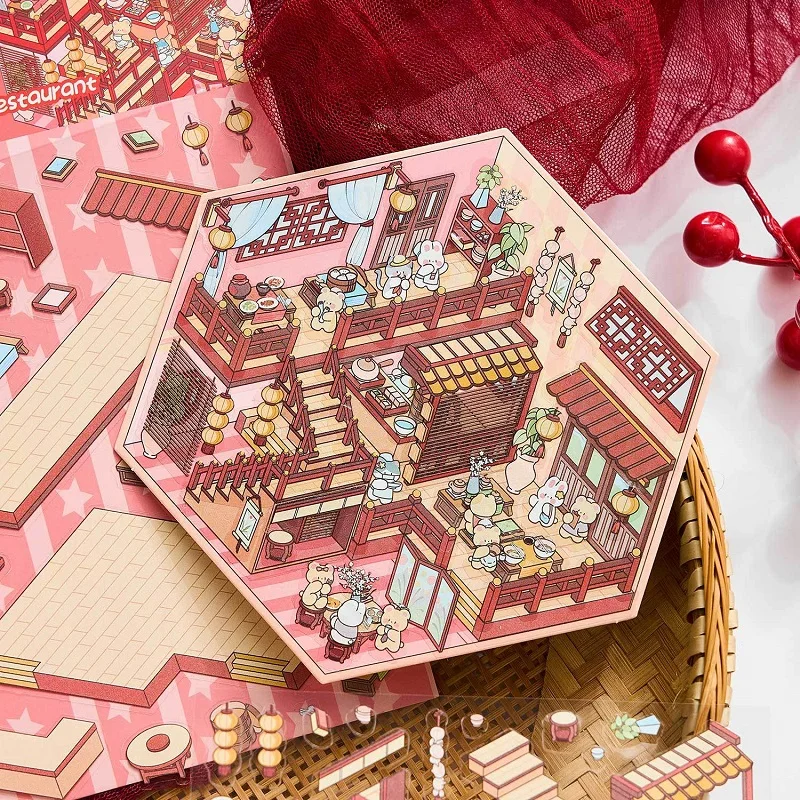 3D House Landscape Stickers Cartoon Coffee Dessert Series Scene DIY Cabin Stacking And Pasting Hand Account Gift Stationery