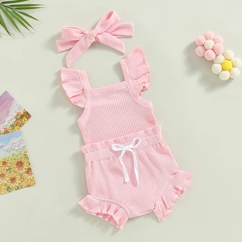0-18M Toddler Girls 3Pcs Summer Clothes Fly Sleeve Solid Romper Tops Drawstring Short Pants Headband 4
