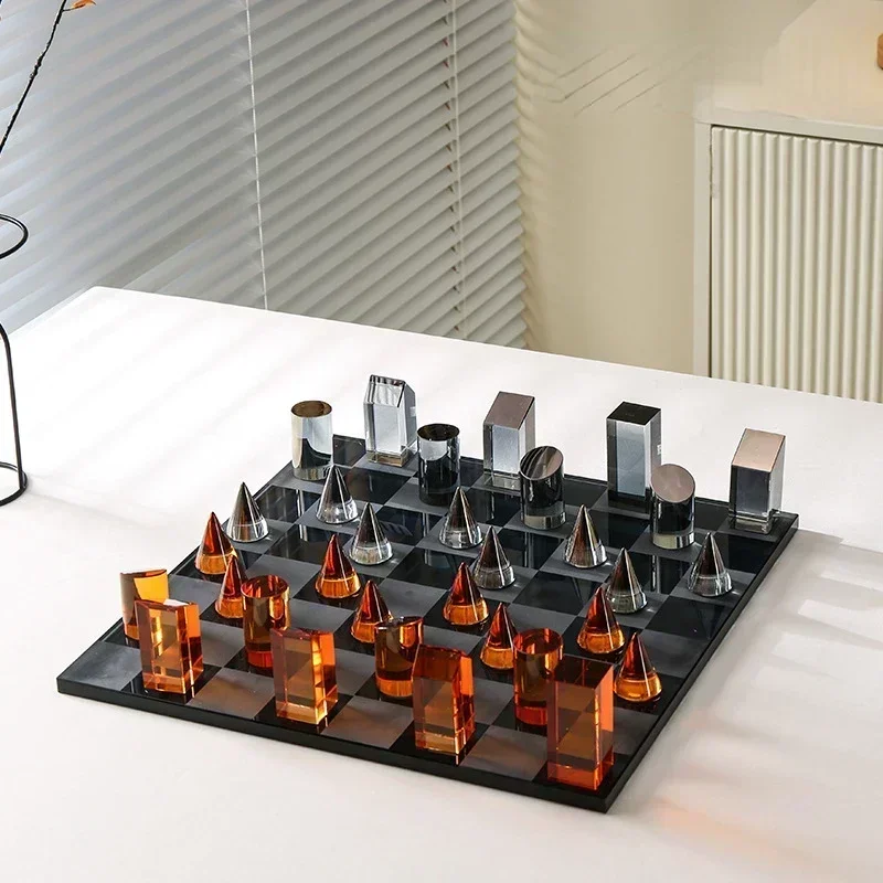B-M Geometric Crystal Chess Chessboard Clear Glass Chess Piece Color Square Decorative Figurines Home Decoration Accessories
