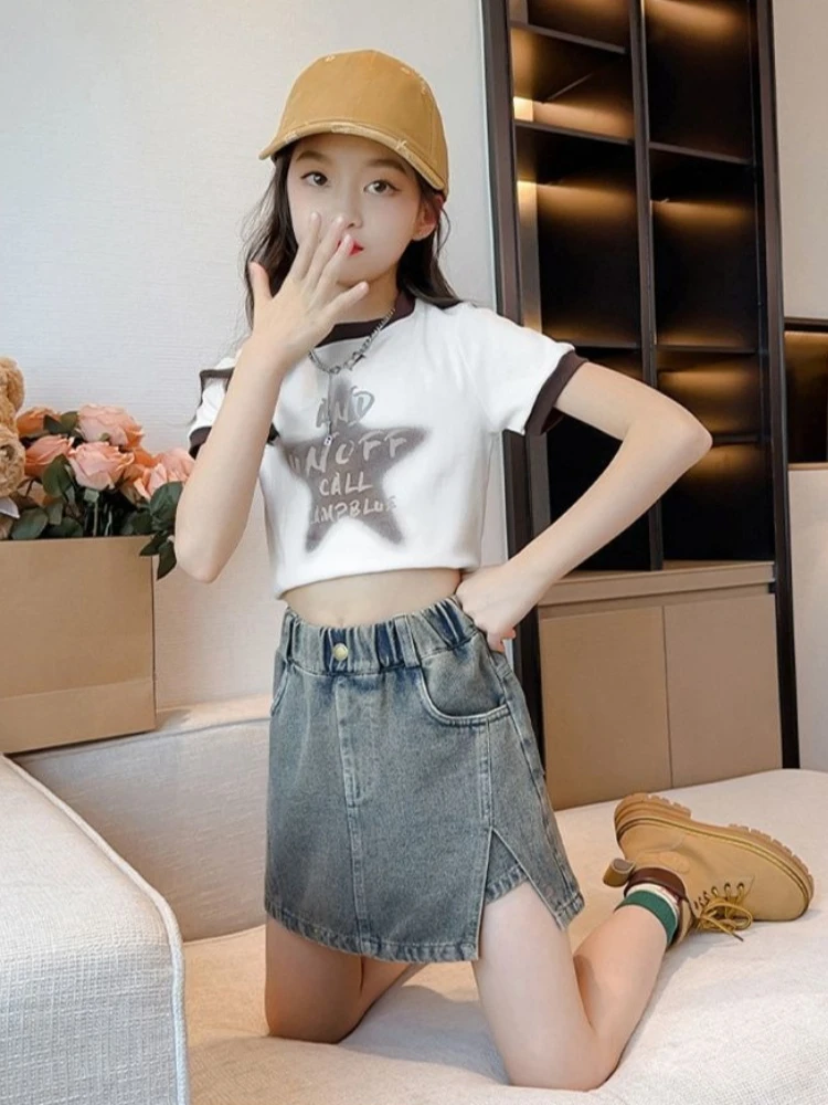 여아 데님 스커트 반바지 큰 아이 여름 핫팬츠 한국 스타일 세련된 얇은 통기성 청반바지 5-12세 여아용
