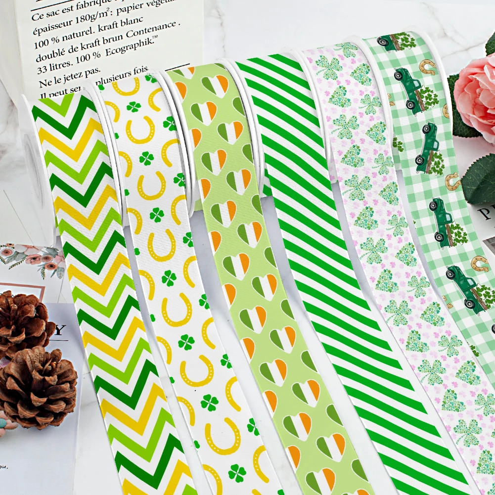 Green Clover Saint Patrick's Day Printed Grosgrain Ribbon /Satin for Gift Wedding Party Decoration DIY Hair Bow 10 Yards