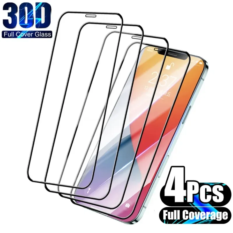 4PCS Full Cover Tempered Glass for iPhone 14 11 13 12 15 Pro Max Mini XS X XR Screen Protector on iPhone 7 8 Plus 6 6S SE 2020