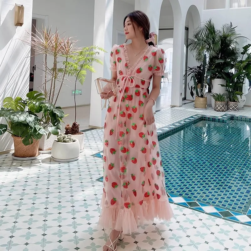 فستان “فراولة الصيف” طويل بكشكش تول