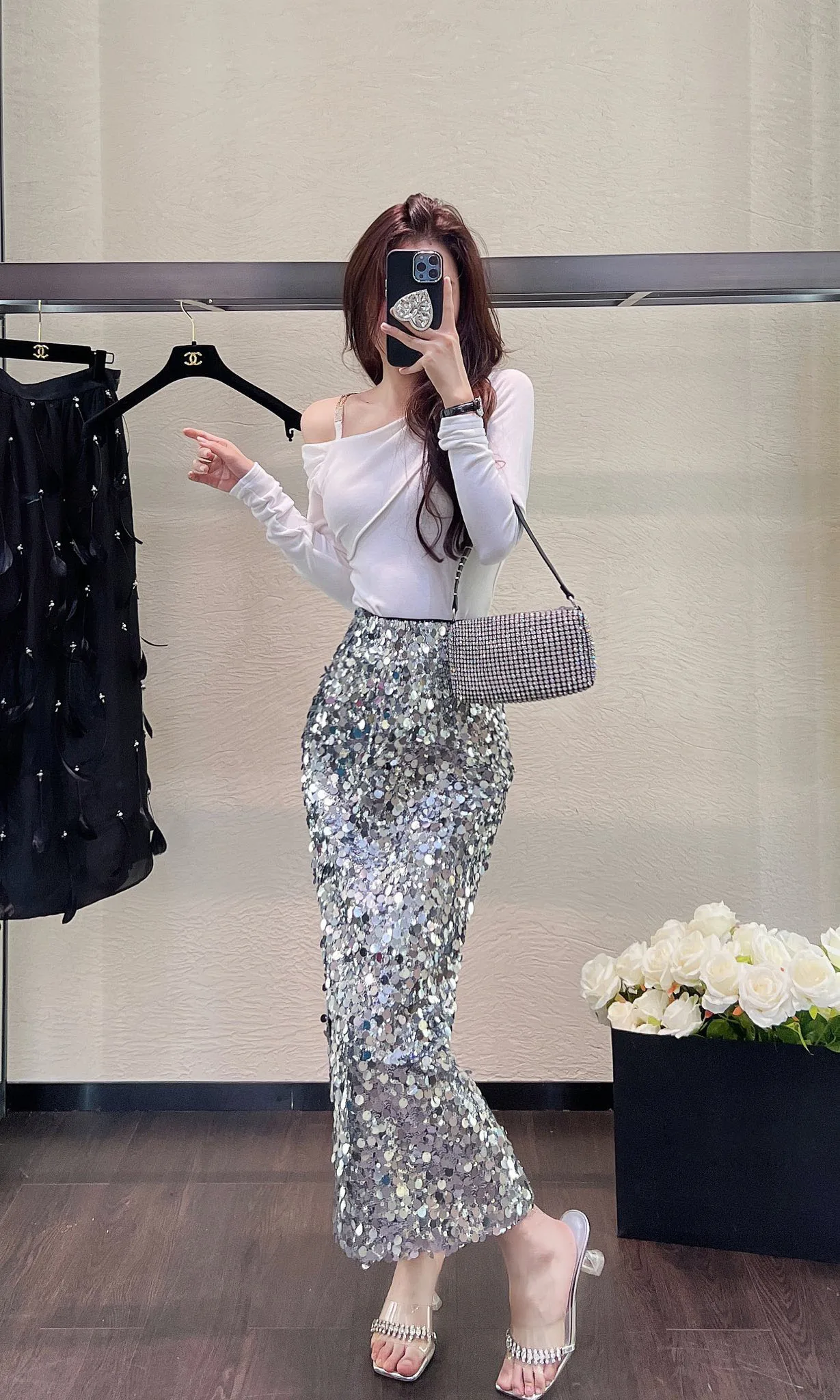 Fashion high-end heavy sequin glitter skirt