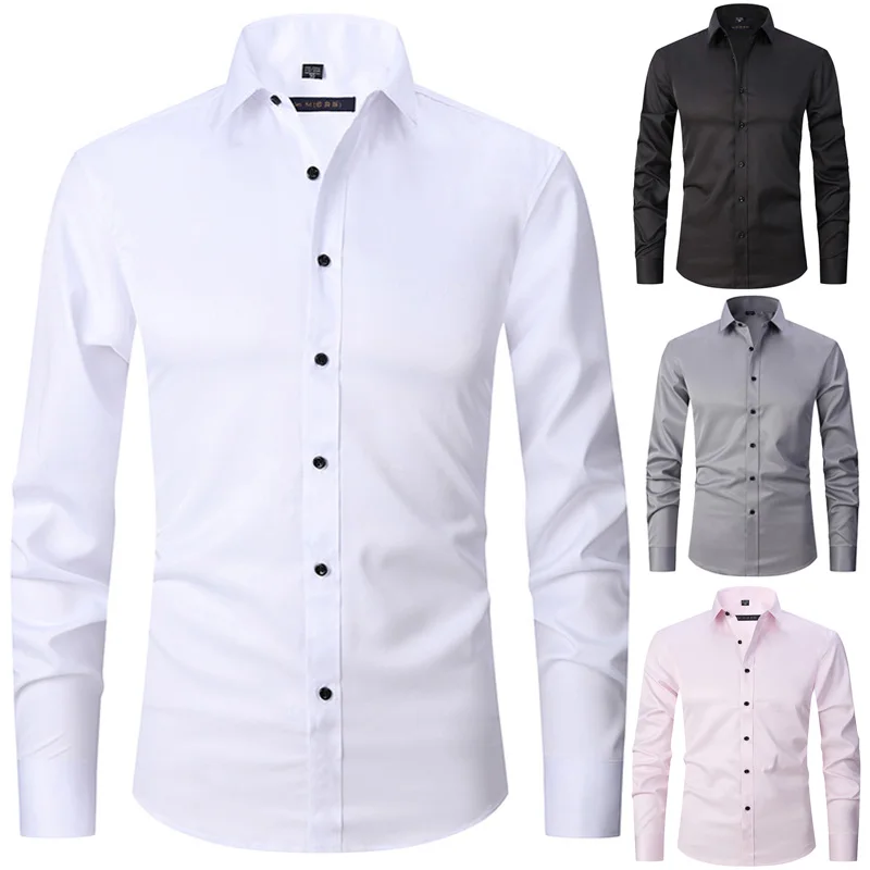 

Plus Size 38-48 New High-quality Autumn and Winter Social Men's Shirt Long Sleeve Fashion Business Casual Solid Color SlimShirt