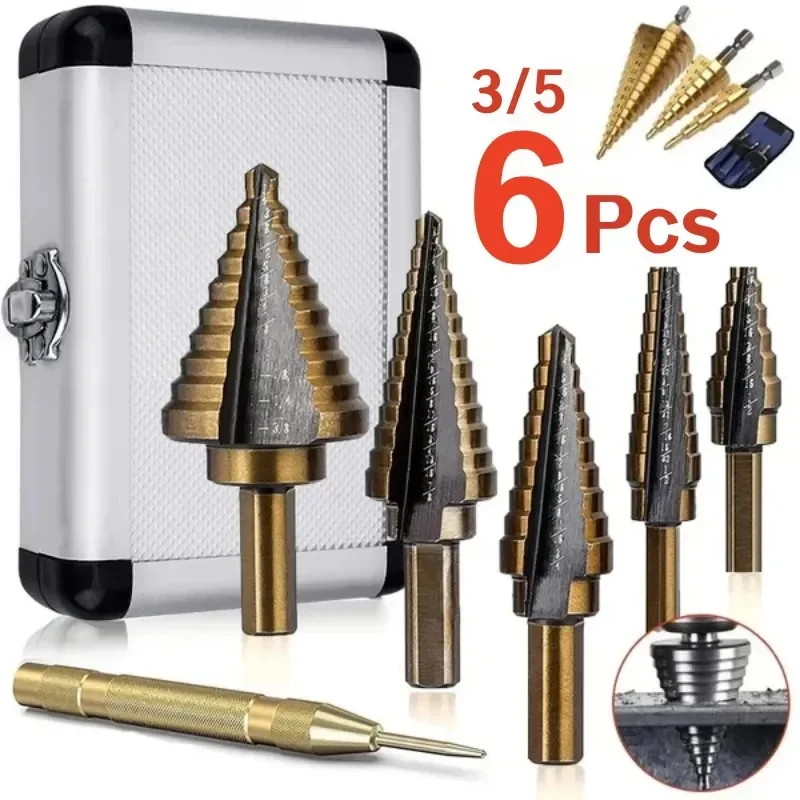 3/5/6 Pcs Step Drill Bit Titanium Milling Cutter Automatic Center Punch Saw Drill Bit Set for Woodworking Metal Core Hole Opener