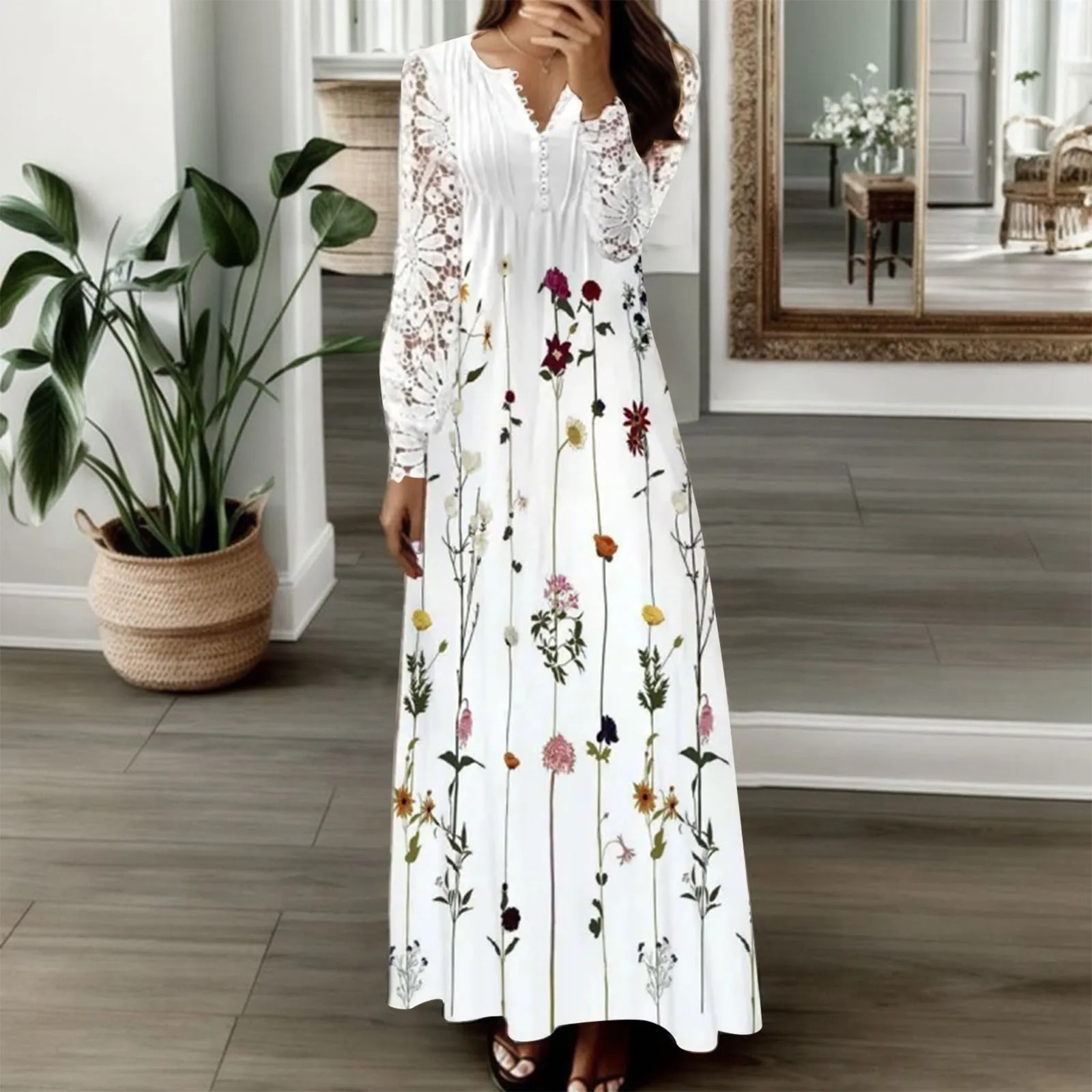 

Spring Autumn Floral Print Long Dress Boho V Neck Long Sleeve Lace Patchwork Party Dresses For Women Fashion Holiday Maxi Dress