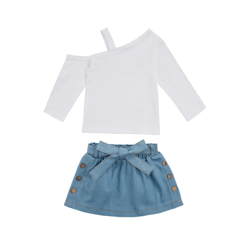 Baby Girl Denim Skirts Single Shoulder Long Sleeve Loose Tops Waist
