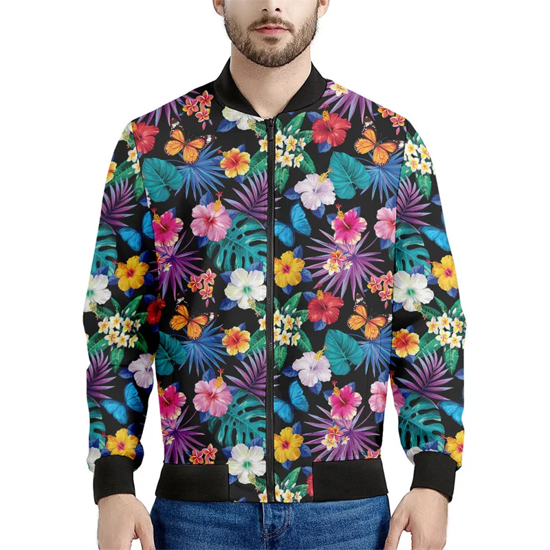 thumbnail image 1 of Chaqueta con cremallera y estampado 3D de flores hawaianas para hombre, sudaderas con estampado de plantas tropicales, abrigos bombarderos de gran tamaño y mangas largas, 1 of 5