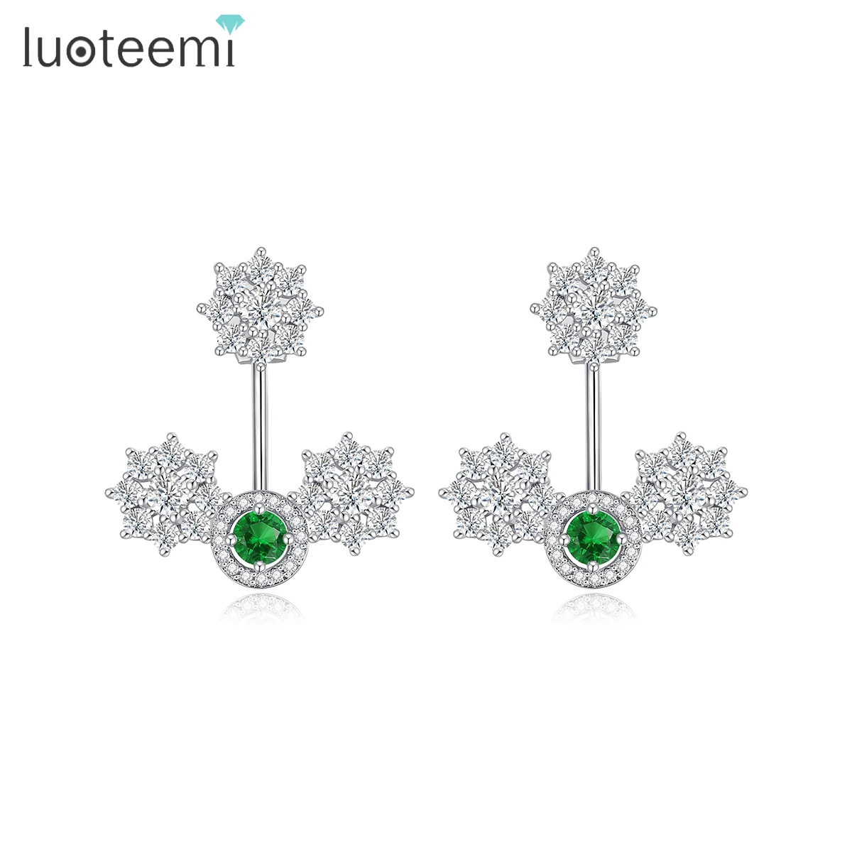 

LUOTEEMI Unique Flower Earrings Trendy Fashion Jewelry White Gold Color Green Cubic Zirconia Detachable Stud Earrings For Women