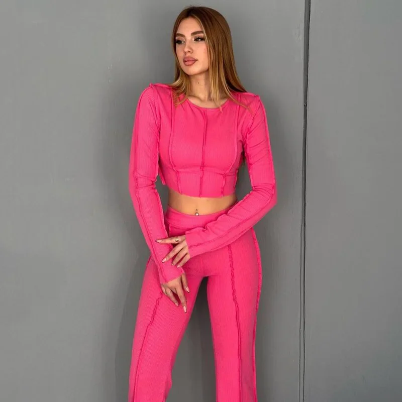 Women's Stripes Two Piece Set Pants Suits O Neck Long Sleeve Casual Suits Homewear Crop Tops Y2k High Waist Solid Colors YWFD027