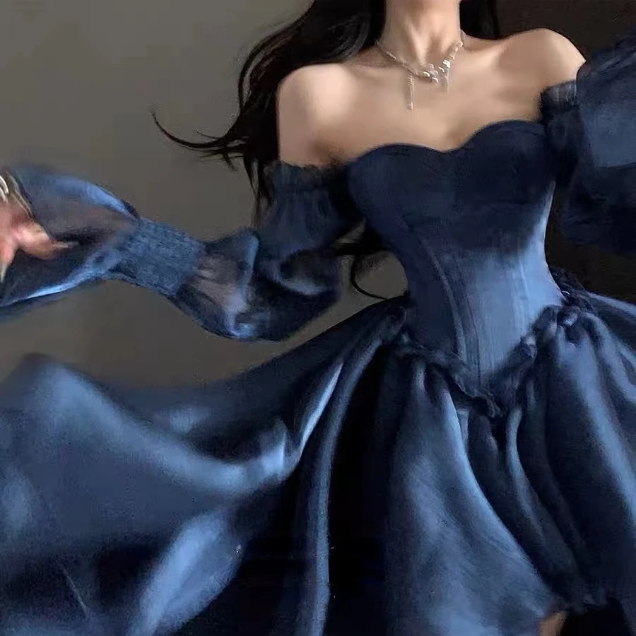

Vintage French Tube Top Tie Dress Women's Summer Dress 2023 New Fish Bone Waist Sexy One-shoulder Solid Color Temperament Dress