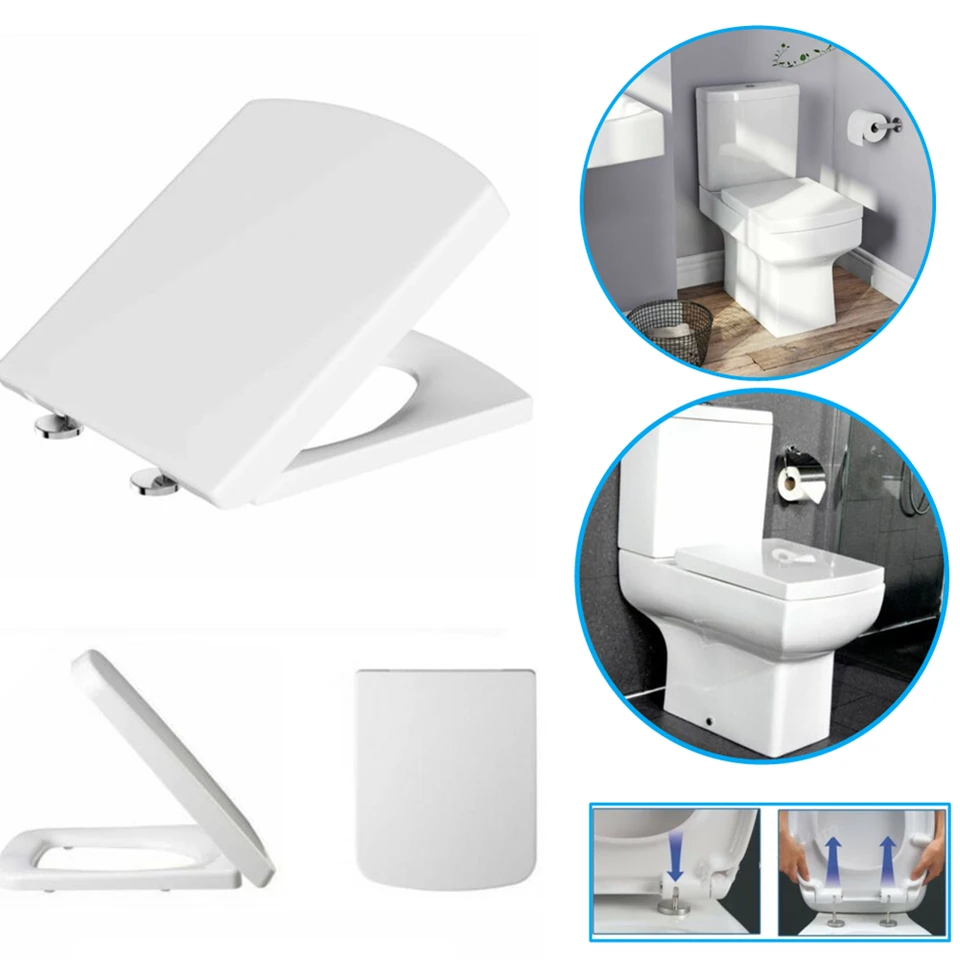 Wc-bril Toiletbril Vierkant Zacht Sluiten Stil, Eenvoudige Installatie Quick Release Toiletbril Langzaam Sluiten, ureum Formaldehyde Materiaal Gemakkelijk Reinigen, Wit, 03D