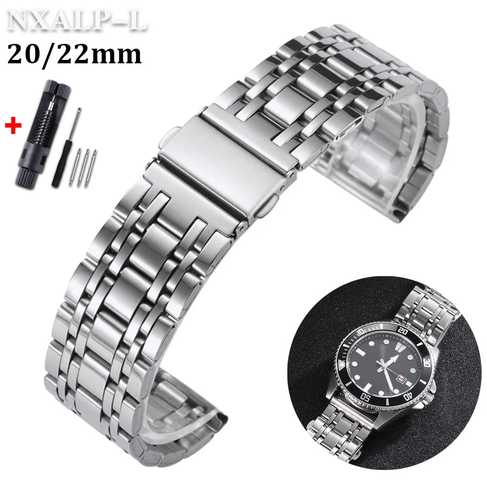 Polished Stainless Steel Universal Watch Strap Bracelet, 20mm/22mm