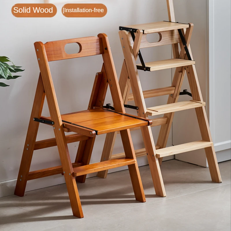 Échelle pliante en bois massif, chaise d'escalier pliable pour la maison, à  double usage - AliExpress