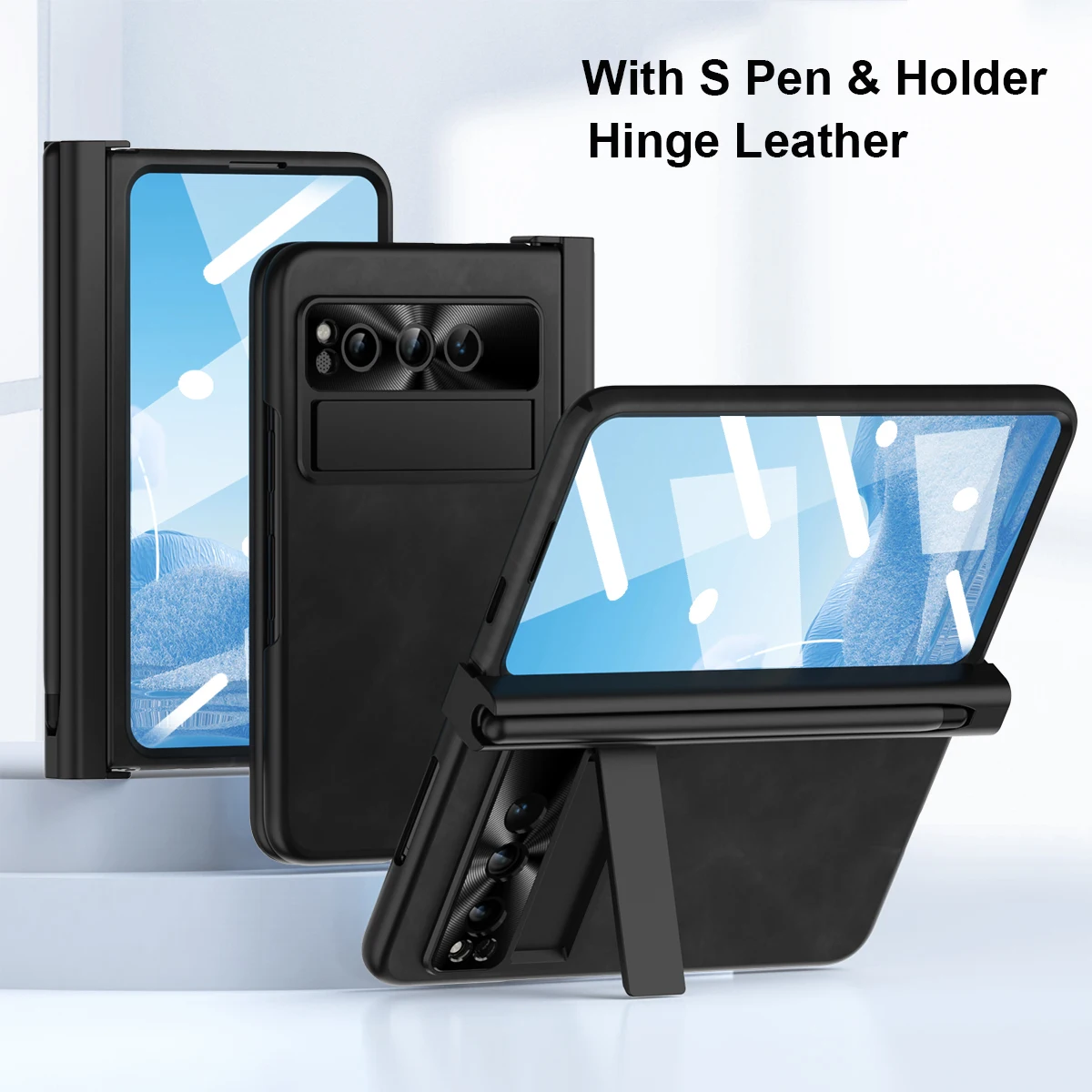 

Magnetic Hinge Case For Google Pixel Fold Leather Full Protector Kickstand Cover For Pixel Fold with Pen Holder