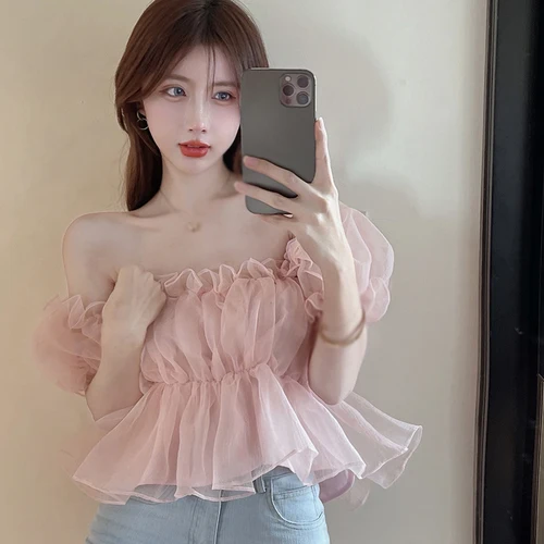 여성용 퍼프 슬리브 블라우스, 얼짱 단색 러플, 슬림핏, 올매치, 한국 스타일, 귀여운 유행, 여름 2