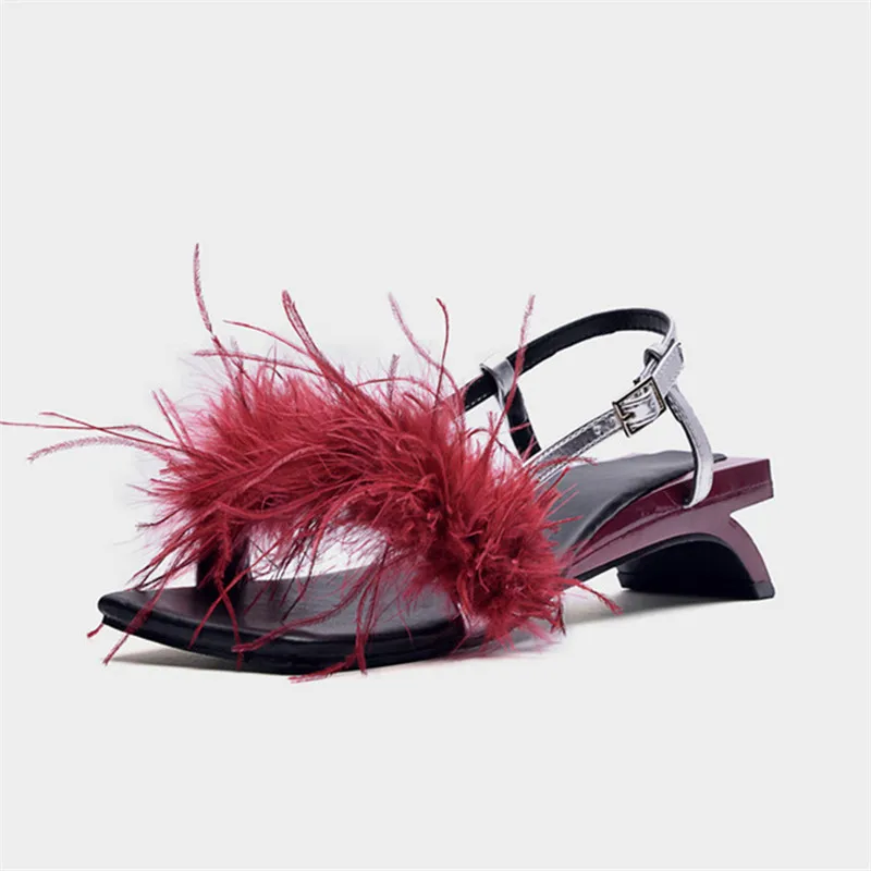 Feather Decor Women Sandals Strange Heel Gladiator Fur Pumps