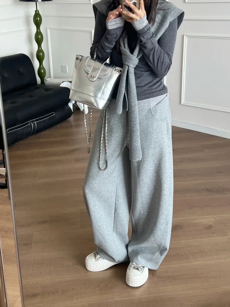 임산부 두꺼운 양털 안감 와이드 레그 바나나 바지 캐주얼 루즈핏 겨울 출산 바지 코튼 폴리에스테르