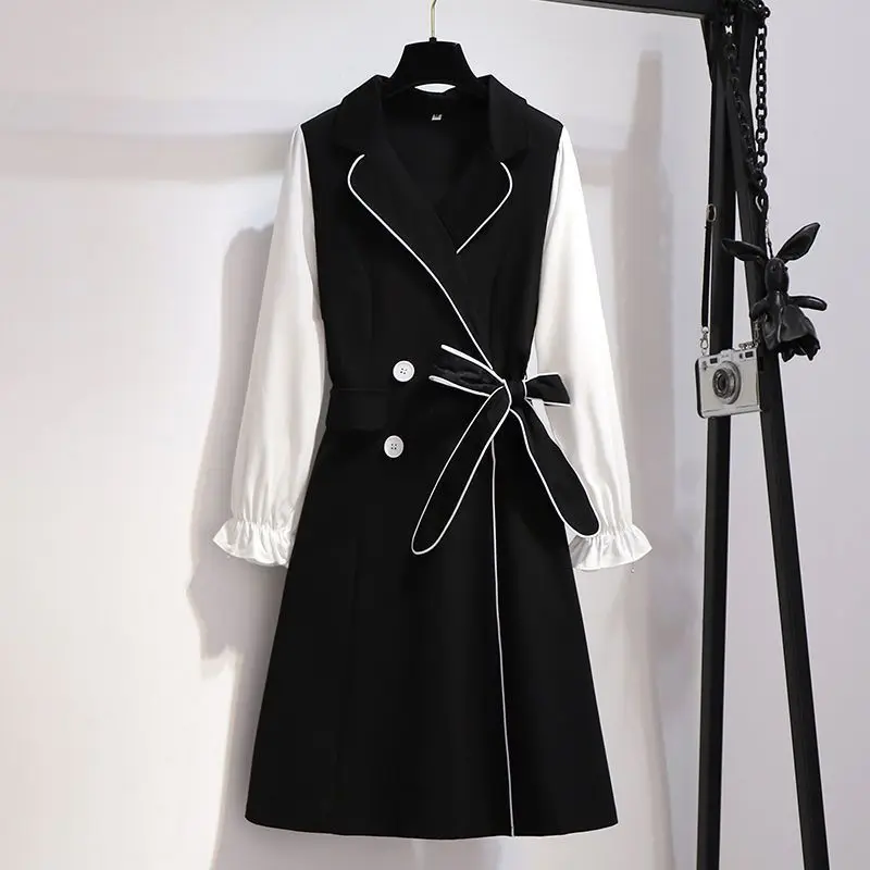 

Oversized Fat Sister Dress 2023 New Spring and Autumn Hepburn Style Commuter Style Simple Lace Up Waist Long Sleeve Suit Dress