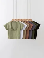 U-Neck Crop Top Solid Color Women Casual High Waist T Shirt Basic Sexy Streetwear Short Sleeve Slimming - Image 2