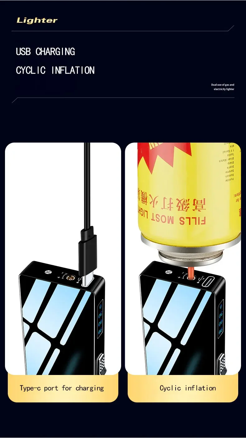 Description Picture 5 of item2 in 1 Double Arc Windproof USB Metal Jet Flame LED Gas Charging Electric Survival Torch Turbo Lighter