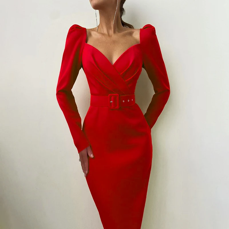 

Elegant Party Women Dress Slim V Neck Long Sleeve Mid Calf Pencil Dress 2023 Casual Office Lady Solid Red Puff Sleeve Party