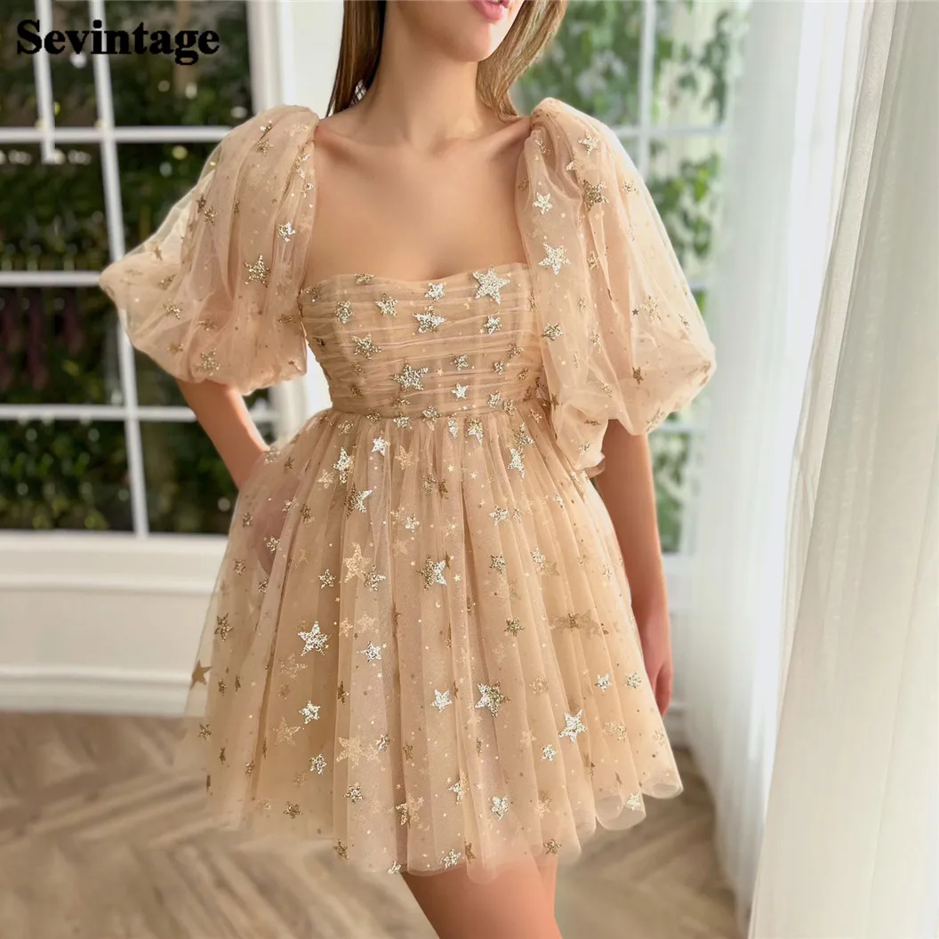 

Sevintage A Line Above Knee Mini Prom Dresses Shiny Starry Tulle Half Sleeves Formal Cocktail Gowns Women Homecoming Party Dress