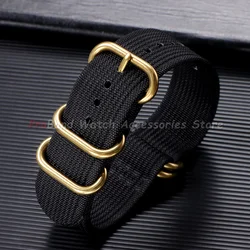 Stylish Ribbed Nylon Watch Strap with Multi - Color Ring Buckle - Unisex Replacement Bracelet Accessory - 18mm (Black - Gold)