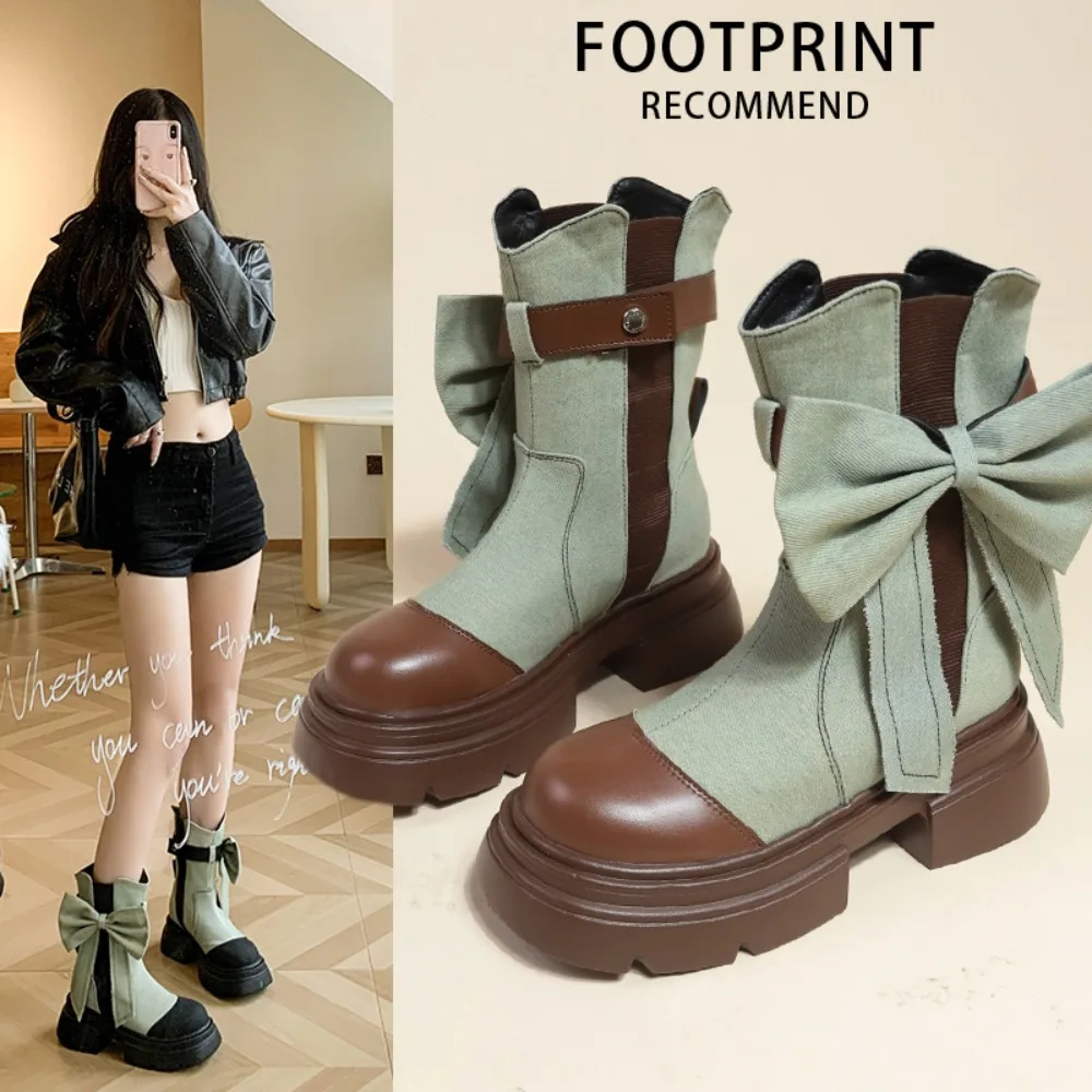 

Womens Ankle Boots Big Bowknot Belt Buckle Platform Denim Jeans Girls Round Toe Chunky High Heel Riding ShoesNew 2024