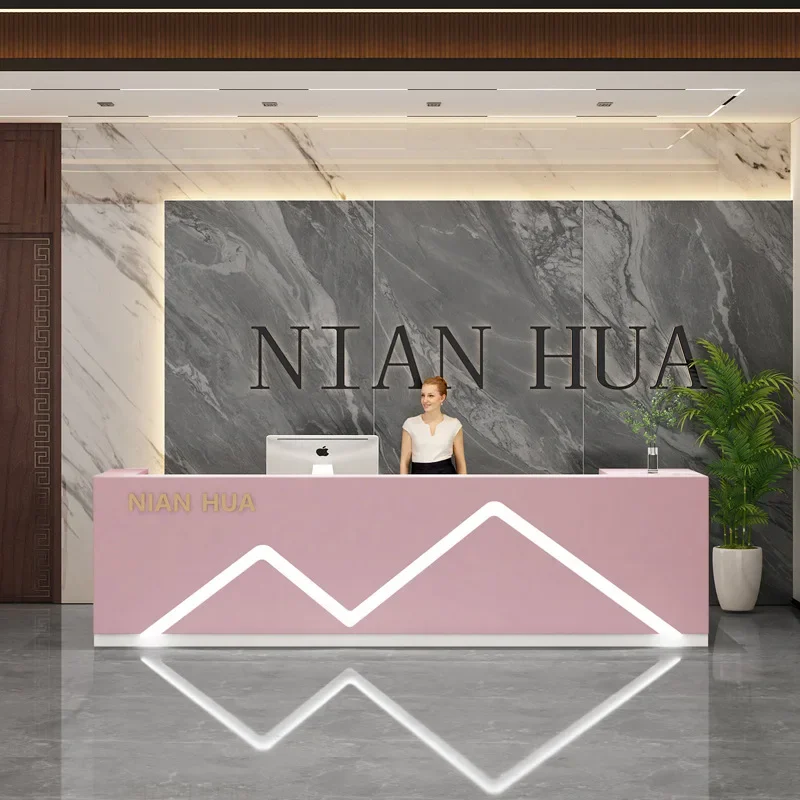 Pink LED Reception Desk Cashier Restaurants Hotel Kindergarten Pet Shop Front Desk Beauty Salon Office For Sale