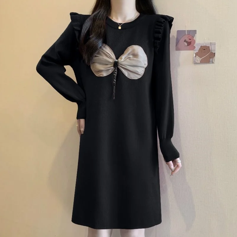 Plus Größe Herbst Winter Neue Stil Französisch Temperament Süße Taille Sweatshirt Rock frauen Samt Kleid
