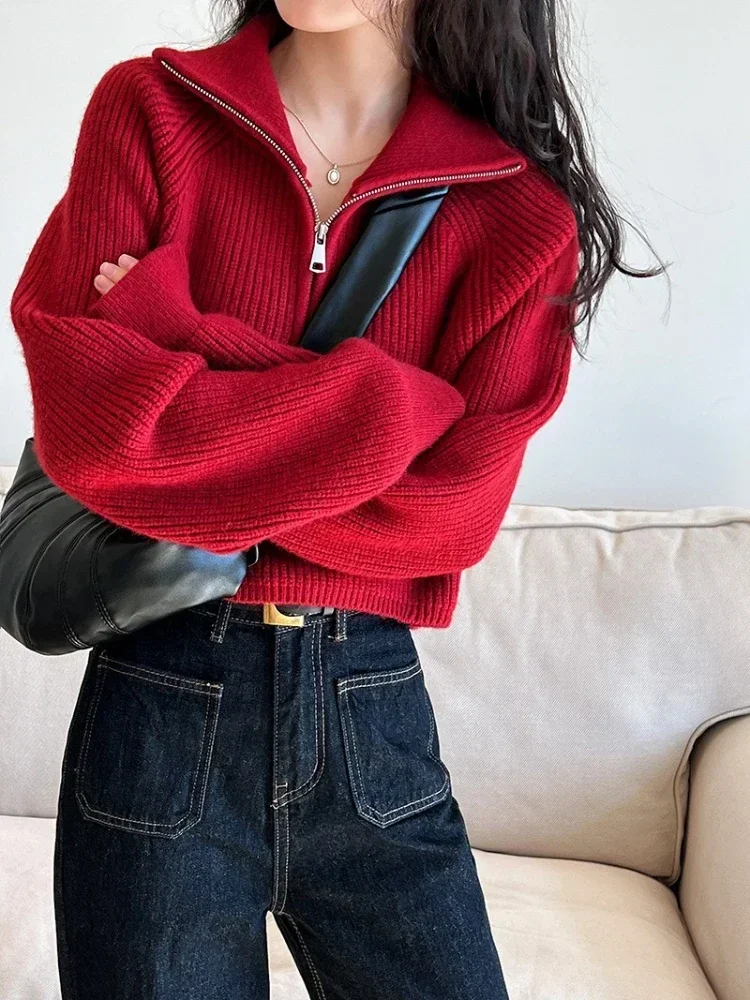 Autumn Winter Zipper Sweaters Women Solid Color High Neck Knitted