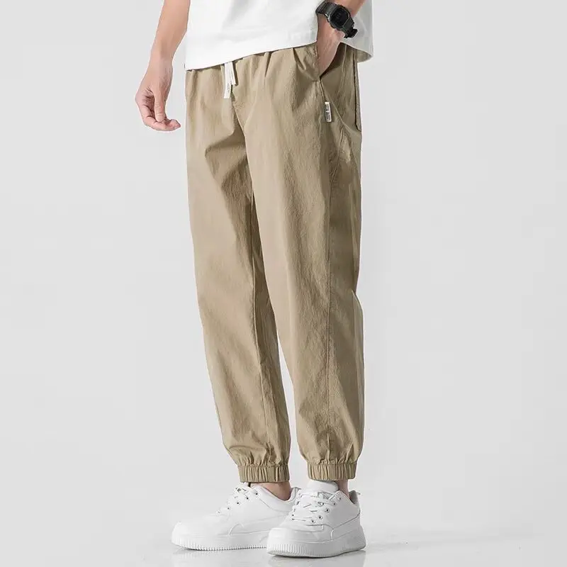 High Street Trend Men Spring Fashion Work Pants Loose Bound Feet Thin Style Solid Color Elastic Waist Large Size Casual Trousers