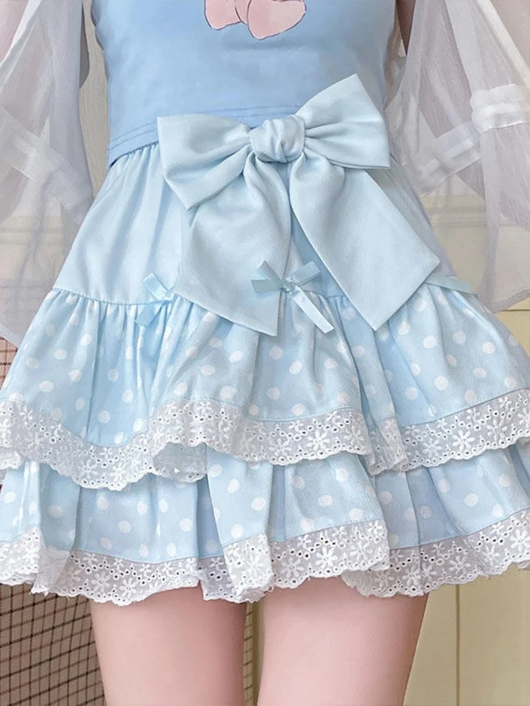 Zoki Kawaii Bow Cake Skirt Women High Waist Cute Dot Sweet Mini Skirts Fashion Casual Japan Female Solid Summer A Line Skirt New 4